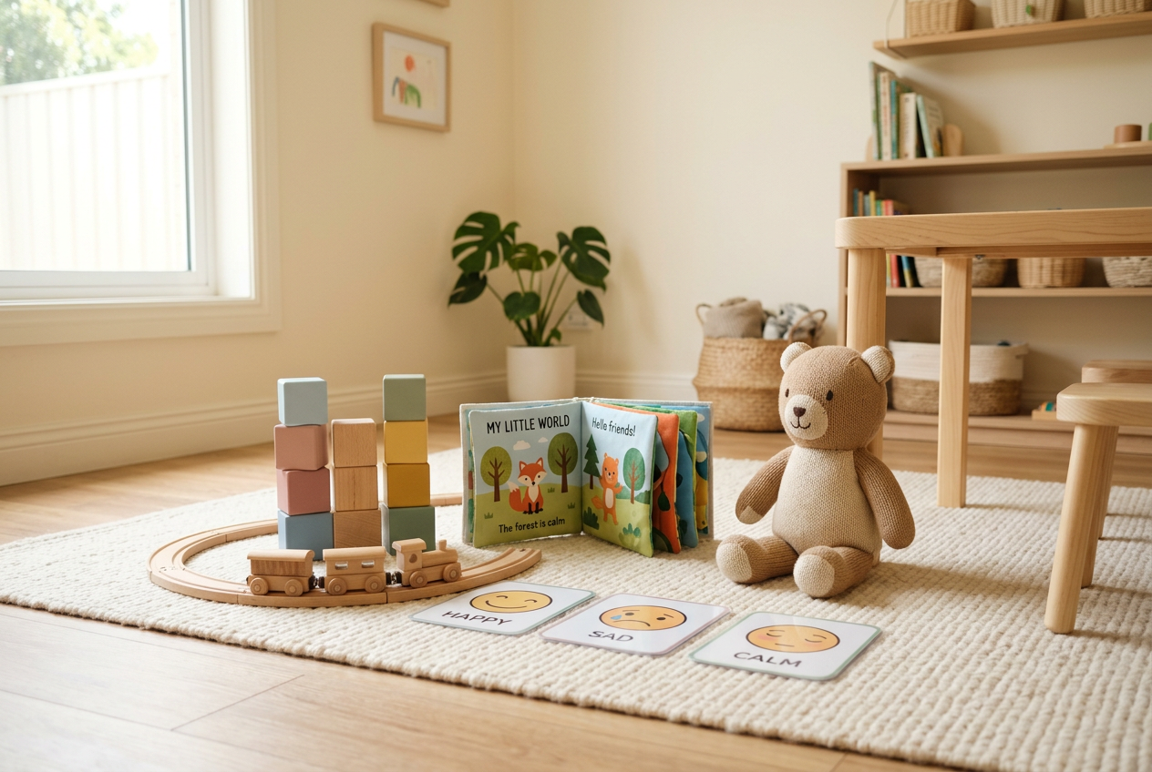 Child-friendly assessment space with wooden toys, picture cards and a teddy bear