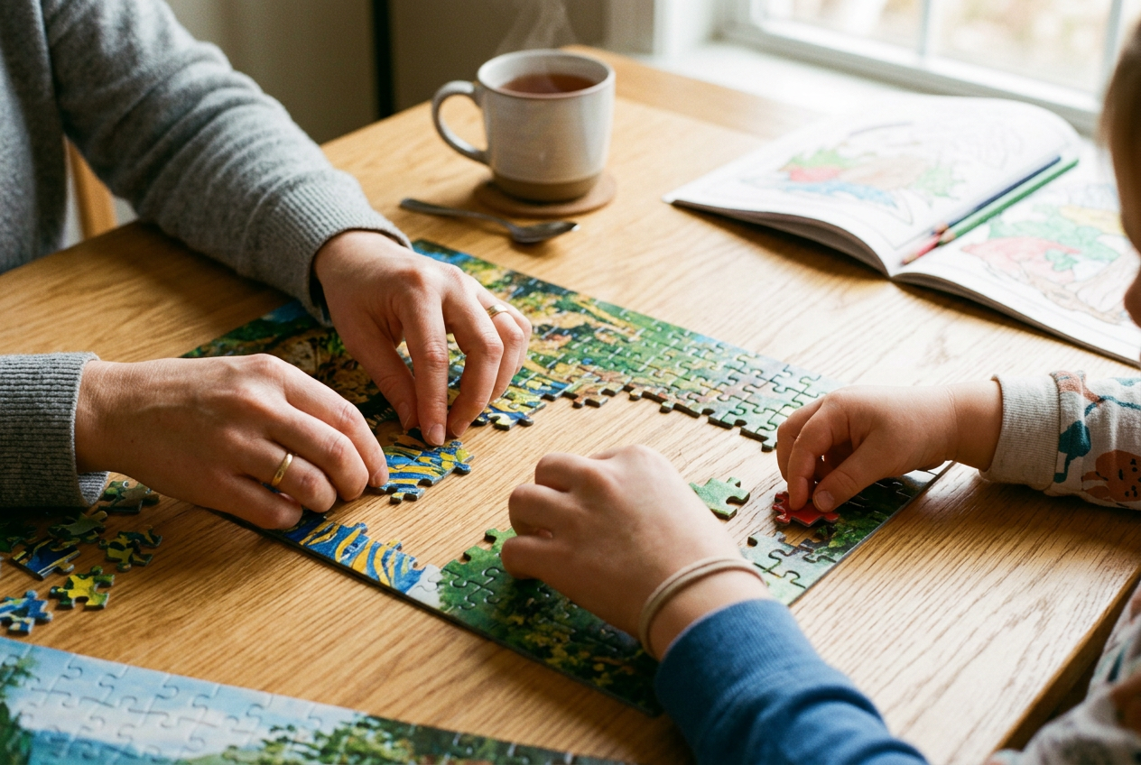 Family hands building a jigsaw puzzle together on a wooden table