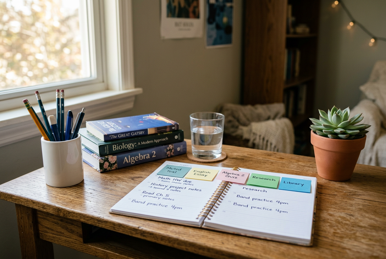 Organised study desk with planner, sticky notes and pencils