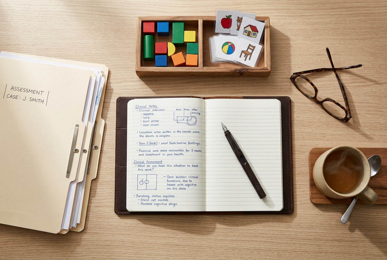 Clinical assessment desk with notebook, blocks and picture cards