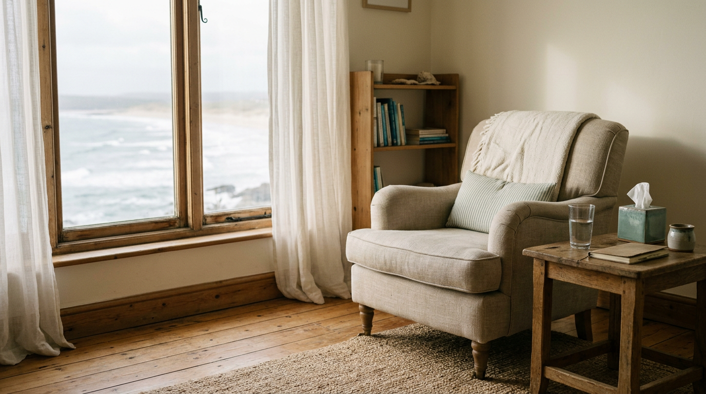 Warm sunlit counselling room in Narangba with two armchairs and eucalyptus