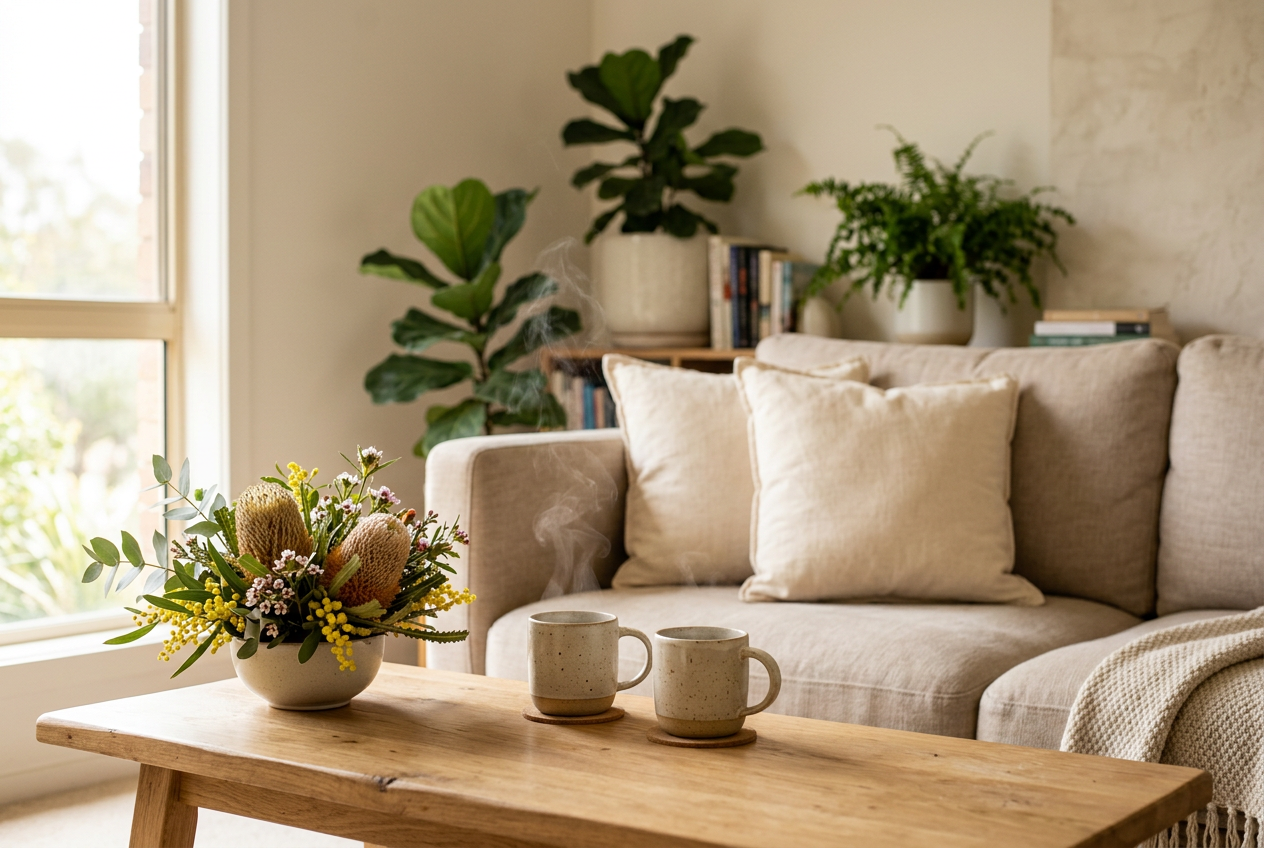 Calm couples counselling space with linen sofa and two cups of tea