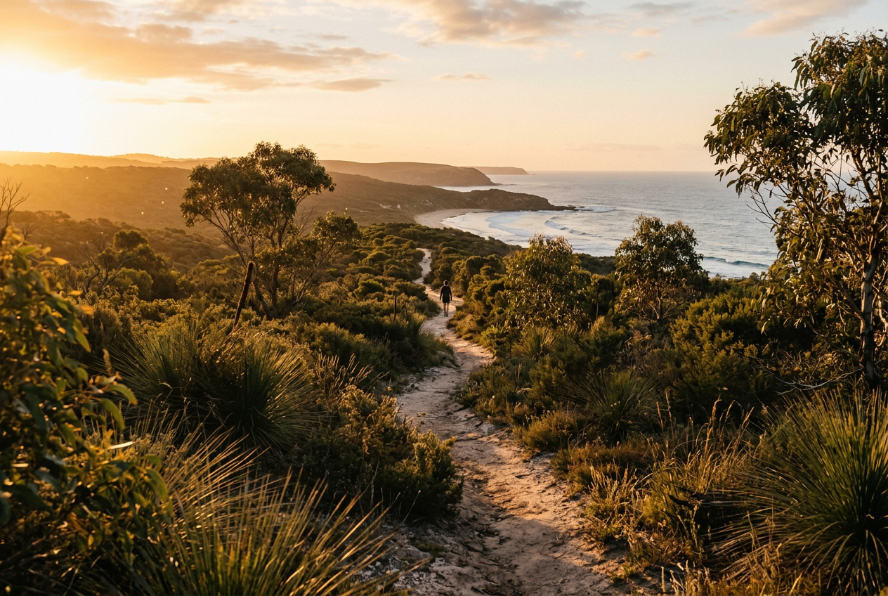 Coastal bushland walking trail at golden hour in Australia
